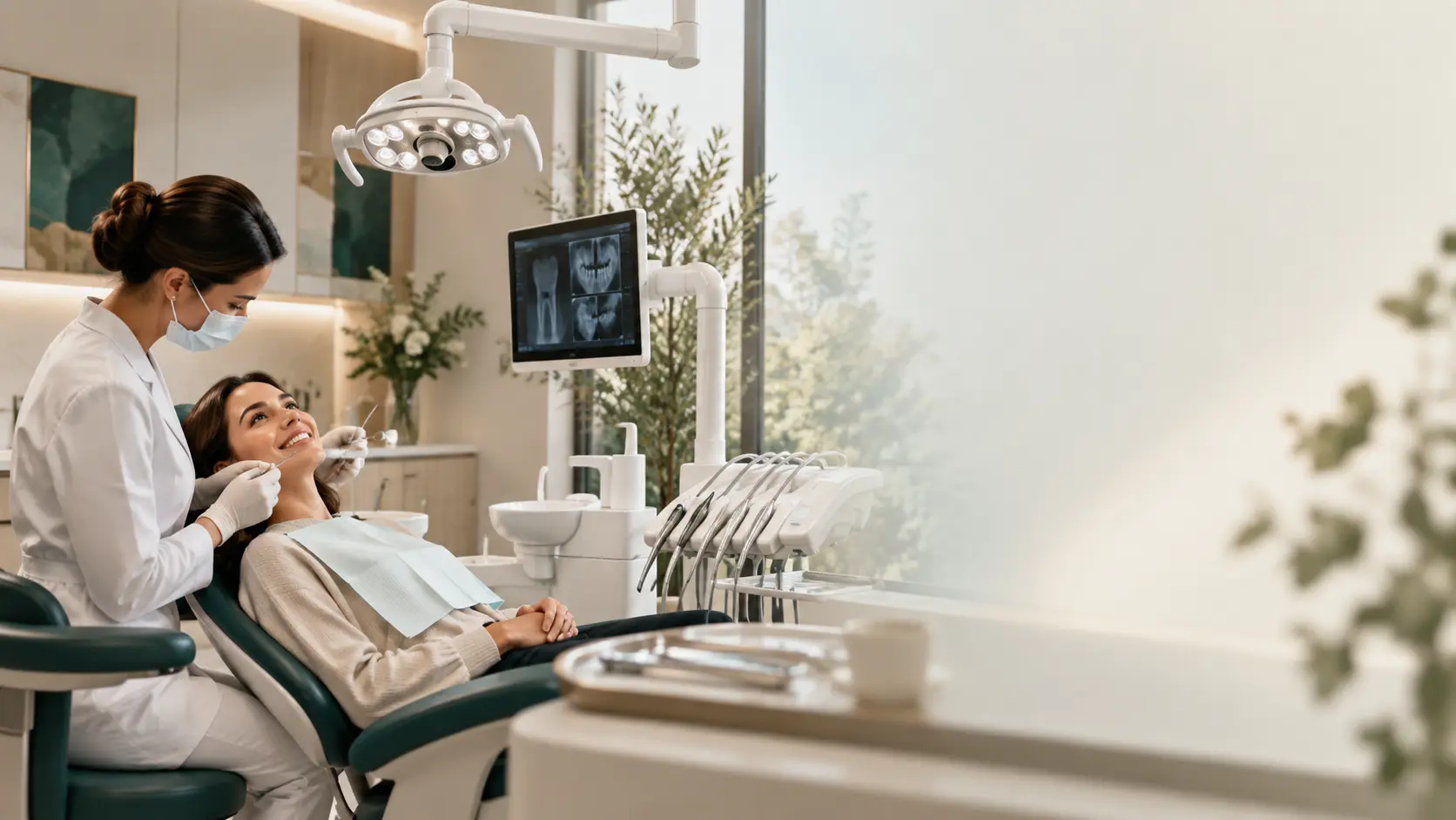 Consultório odontológico com iluminação natural durante o atendimento