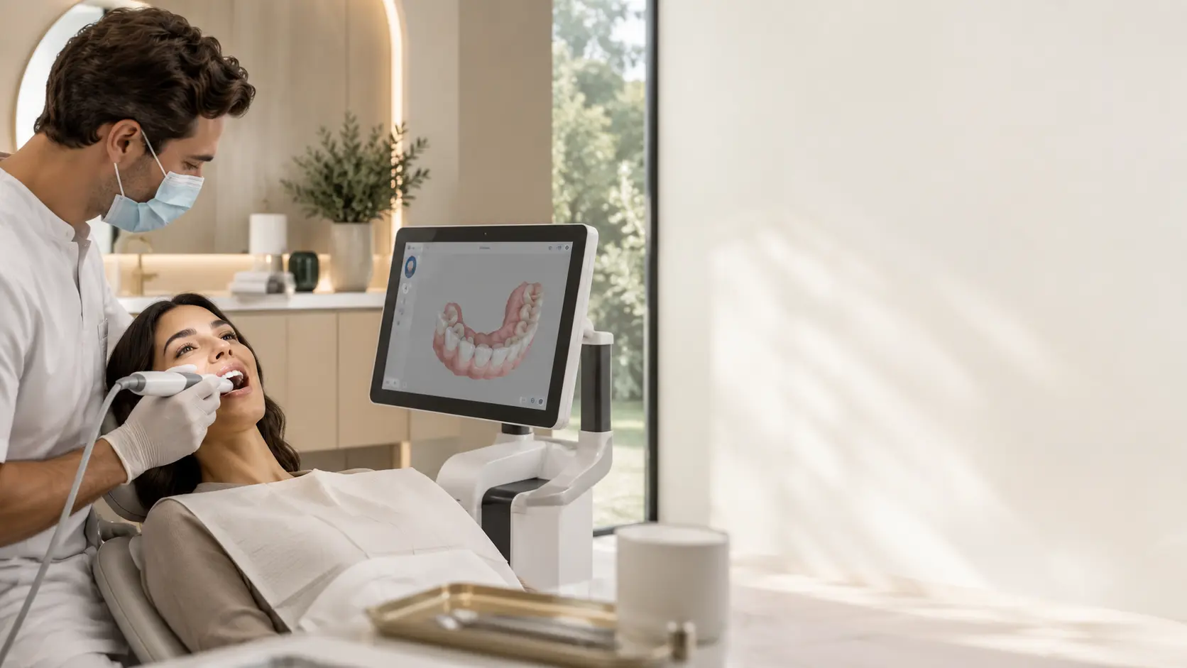 Dentista utilizando scanner intraoral com modelo digital exibido na tela