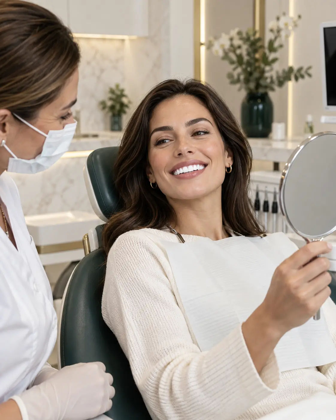 Paciente observando o resultado do tratamento no espelho ao lado da dentista
